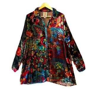 Johnny Was Dream Velvet Silk Blend Tunic Top Medium Floral Patchwork Button Up